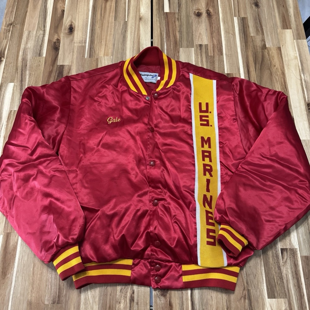 Vintage US Marine‎ Corps Jacket Mens L Red Swingster Satin Bomber Snap USA 80s